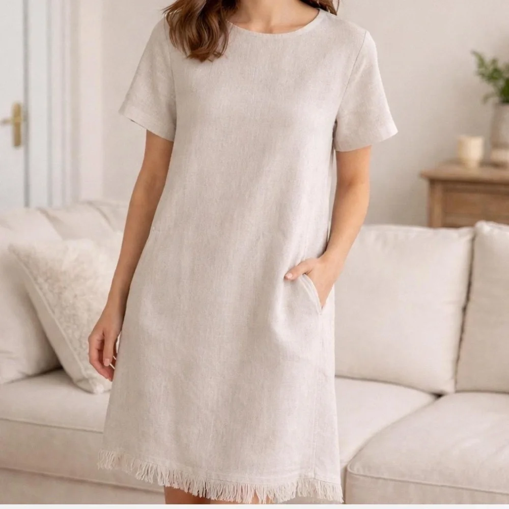 Crown Linen blend Beige with subtle metallic Short Sleeve Dress - Picture 1 of 7
